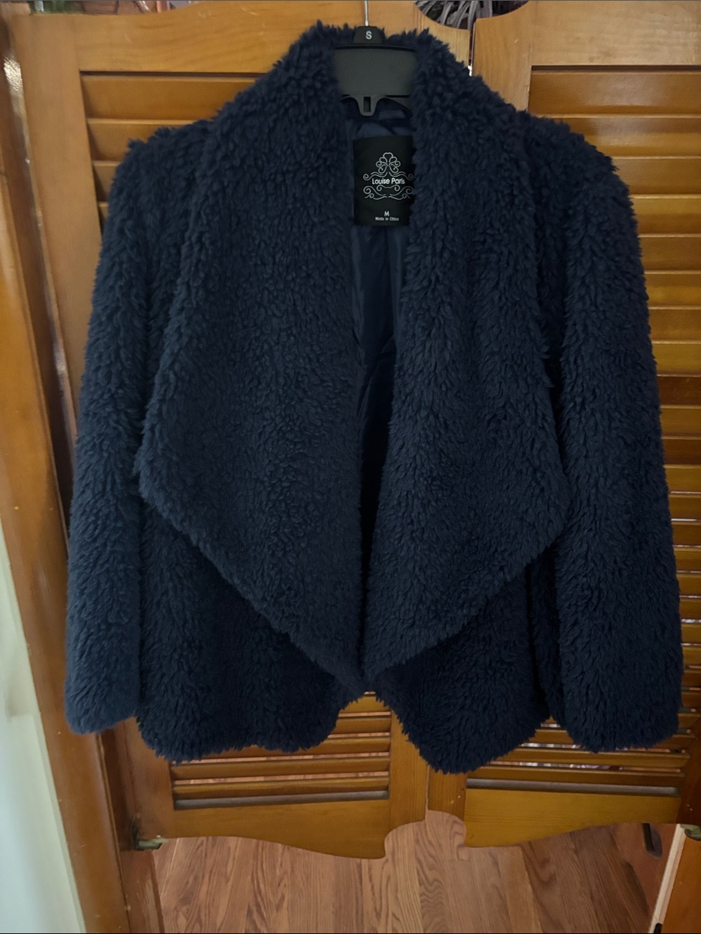 Louise Paris Women's Navy Teddy Jacket with Draped Open Front